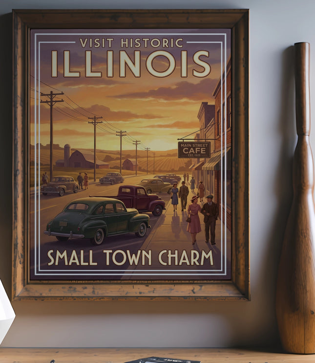Vintage Illinois small town charm poster with cars and sunset.
