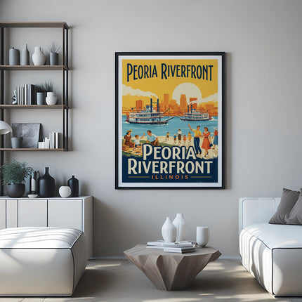 Peoria Riverfront poster with boats and buildings on the Illinois River.