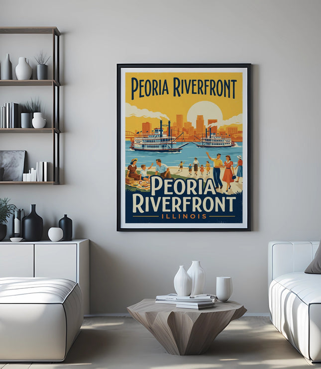 Peoria Riverfront poster with boats and buildings on the Illinois River.
