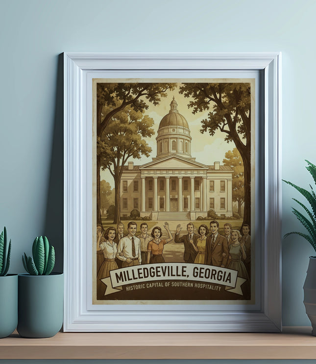 Artwork of Milledgeville, Georgia historic capitol building with smiling people and banner.