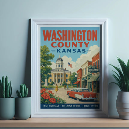 Vintage poster of Washington County, Kansas, featuring a red car and courthouse.