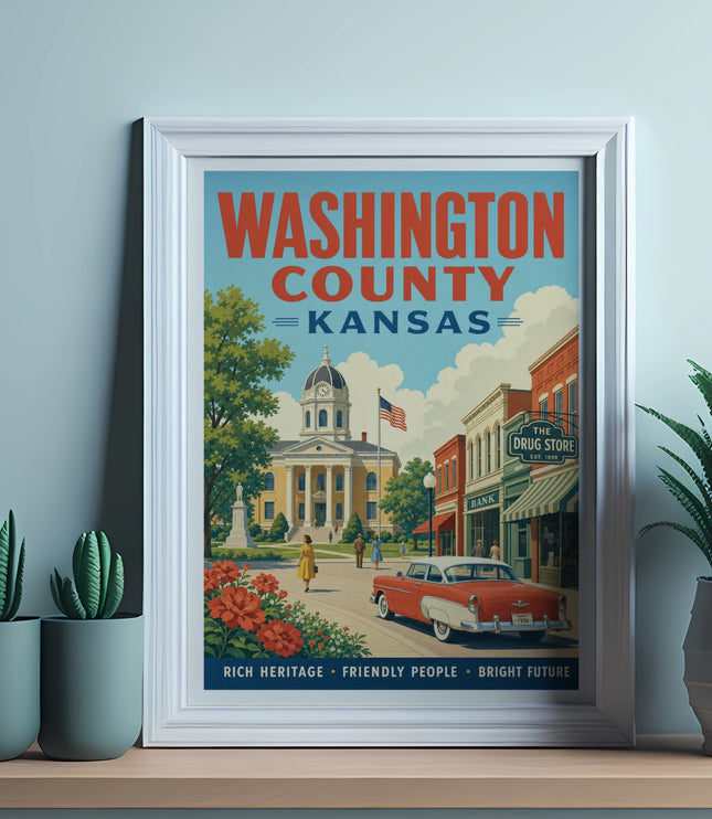 Vintage poster of Washington County, Kansas, featuring a red car and courthouse.