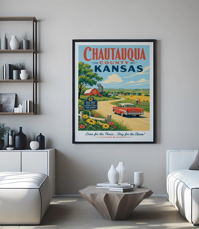 Chautauqua County, Kansas travel poster with vintage car and farm.