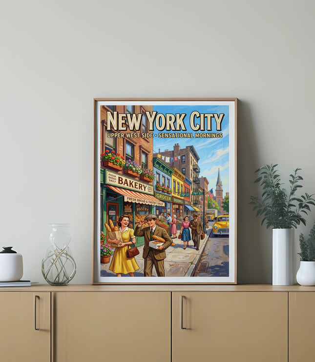New York City Upper West Side artwork depicts a bustling street scene with shops and people.