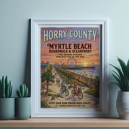 Horry County, SC Myrtle Beach Boardwalk and Oceanfront vintage travel poster.