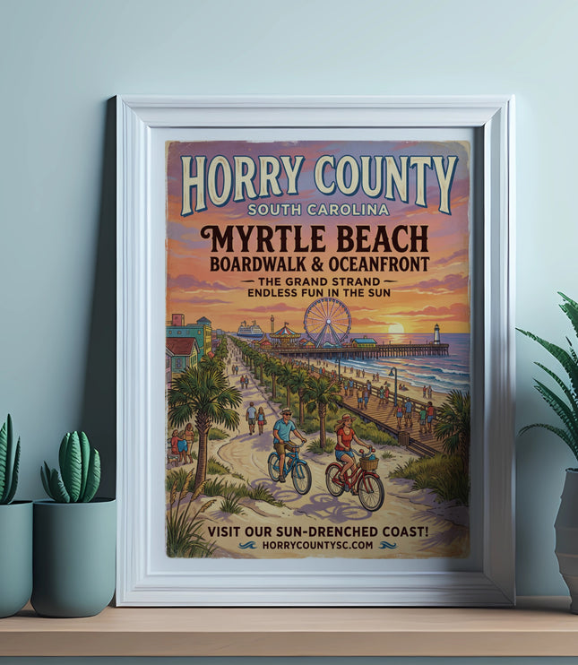 Horry County, SC Myrtle Beach Boardwalk and Oceanfront vintage travel poster.