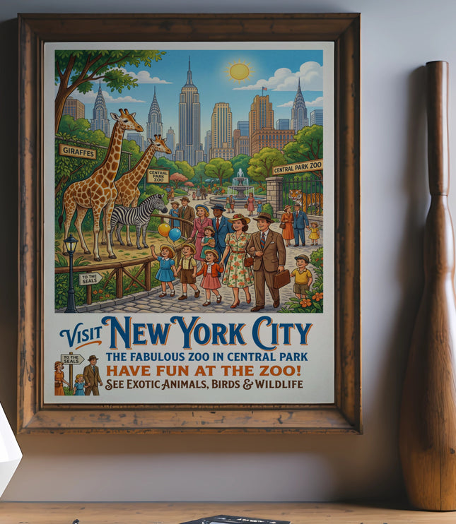Vintage New York City Central Park Zoo poster with giraffes, zebra, tiger, and families visiting.