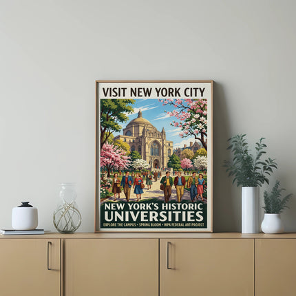 Vintage poster for Visit New York City, Historic Universities, Spring Bloom.