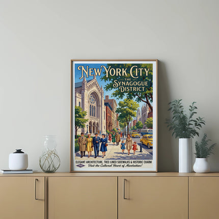 New York City Synagogue District poster featuring Congregation Emanu-El and historic buildings.