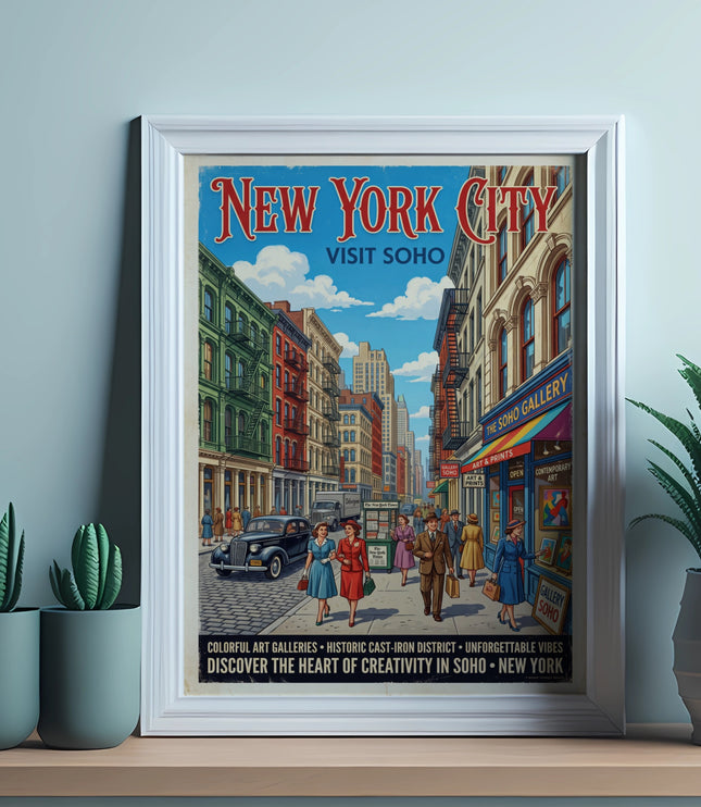 New York City Visit Soho vintage poster featuring street scene and art galleries.