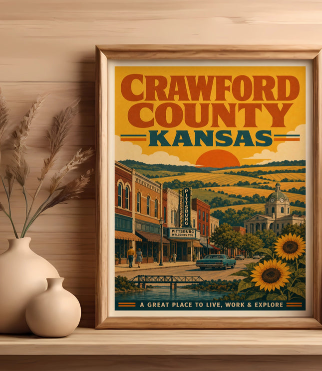 Framed vintage-style poster of Crawford County, Kansas, with text and a town scene.