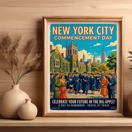 New York City Commencement Day poster with graduates and text.