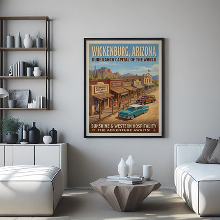 Wickenburg, Arizona dude ranch poster with vintage storefronts and cars.