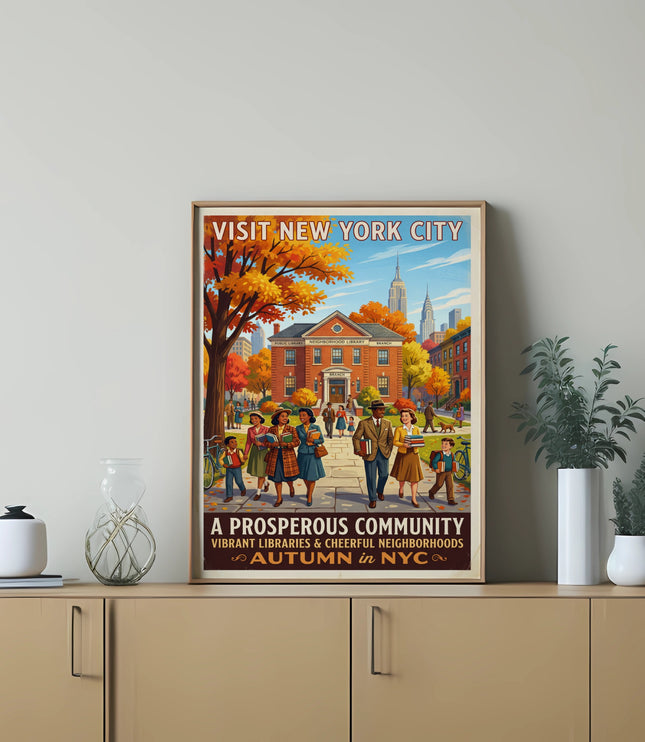 New York City autumn travel poster featuring a library and families under fall foliage.