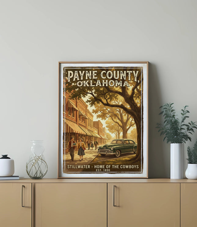 Vintage poster of Payne County, Oklahoma, Stillwater, Home of the Cowboys Est. 1890.