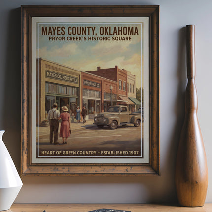 Mayes County, Oklahoma Pryor Creek's Historic Square artwork with old buildings and truck.