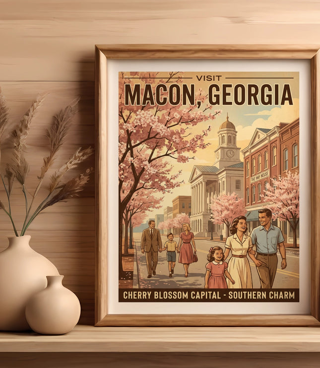 Macon, Georgia vintage travel poster with families walking under cherry blossoms.