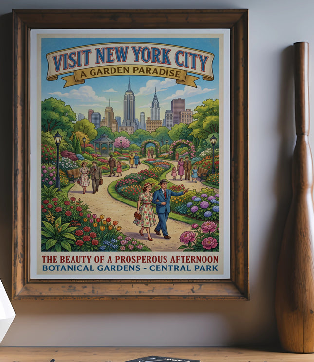 Visit New York City poster with people in a flower garden and skyline.