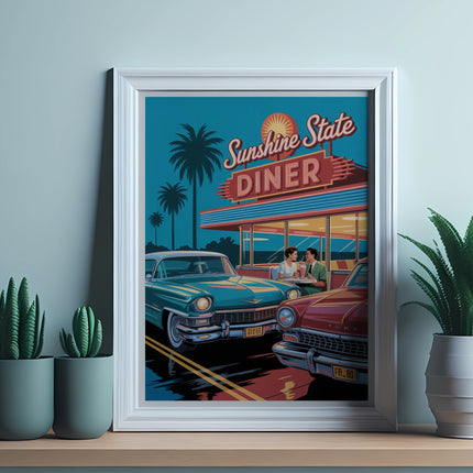 Sunshine State Diner sign with two classic cars outside, two people inside.