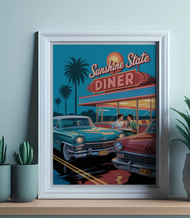 Sunshine State Diner sign with two classic cars outside, two people inside.