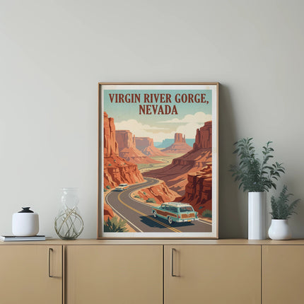 Vintage poster featuring the Virgin River Gorge, Nevada with cars on a winding road.