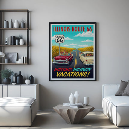 Route 66 vintage poster with cars and highway, Historic Highway Vacations.