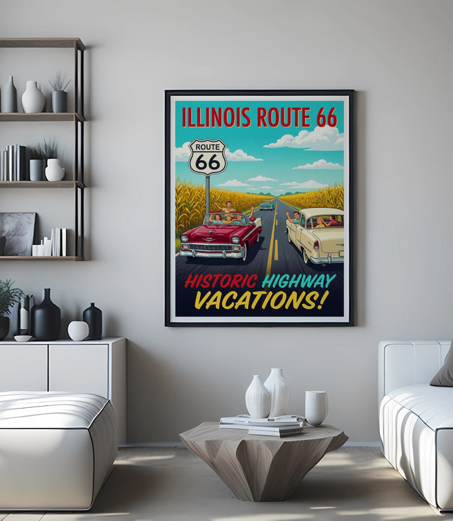 Route 66 vintage poster with cars and highway, Historic Highway Vacations.
