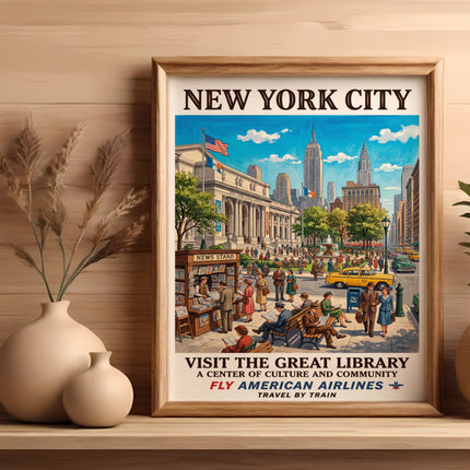 New York City travel poster with library, people, and American Airlines logo.