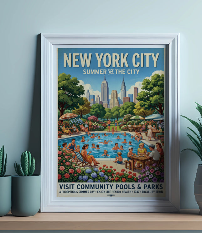 New York City Summer in the City poster with people swimming.