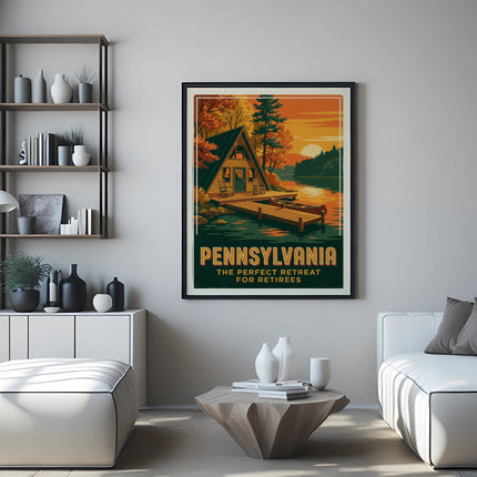 Pennsylvania Perfect Retreat for Retirees poster with cabin, lake, and sunset.