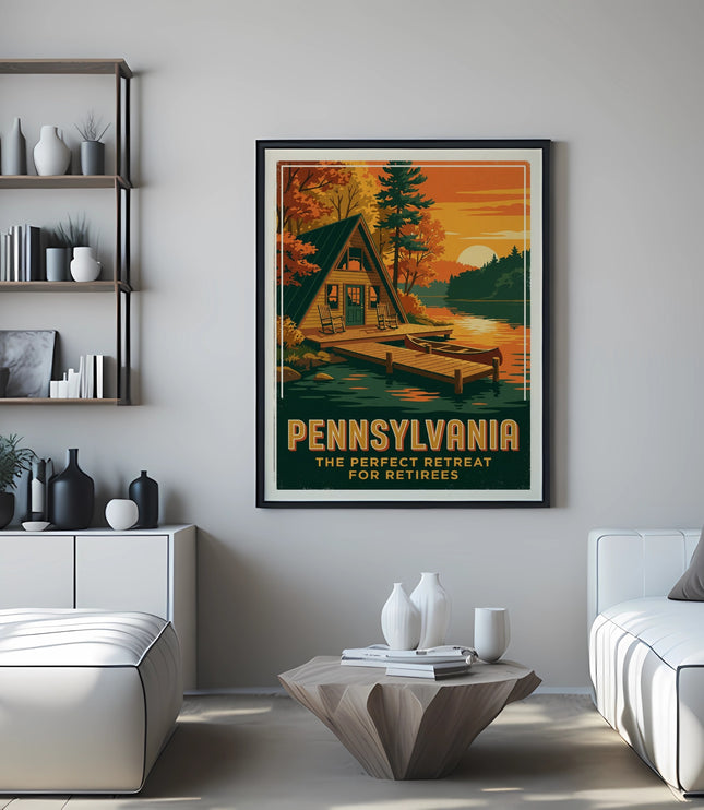 Pennsylvania Perfect Retreat for Retirees poster with cabin, lake, and sunset.