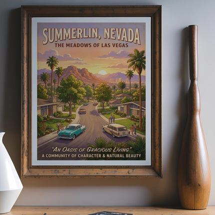 Summerlin, Nevada poster showing a street scene with vintage cars and text.