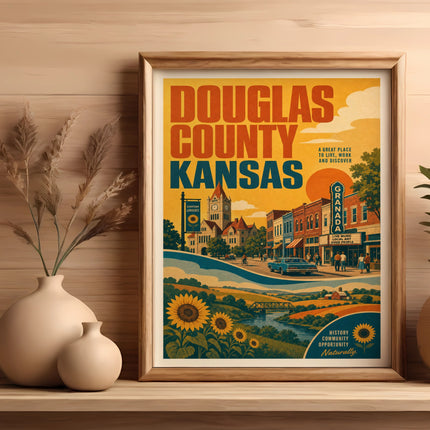 Douglas County, Kansas travel poster with vintage town scene and text.