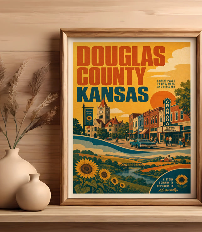 Douglas County, Kansas travel poster with vintage town scene and text.