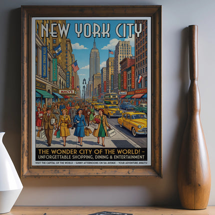 Vintage New York City poster with Fifth Avenue scene and shopping destinations.