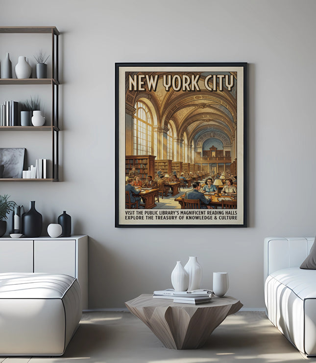 Vintage New York City poster showing library interior with people reading.