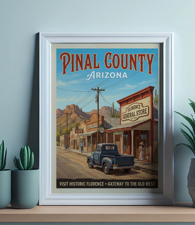 Pinal County Arizona vintage poster with Florence General Store and a classic truck.