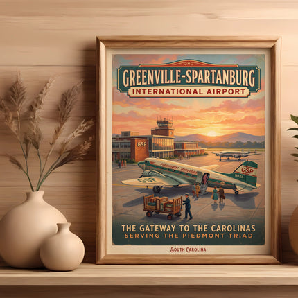 Greenville-Spartanburg International Airport retro travel poster featuring Piedmont Airlines aircraft.