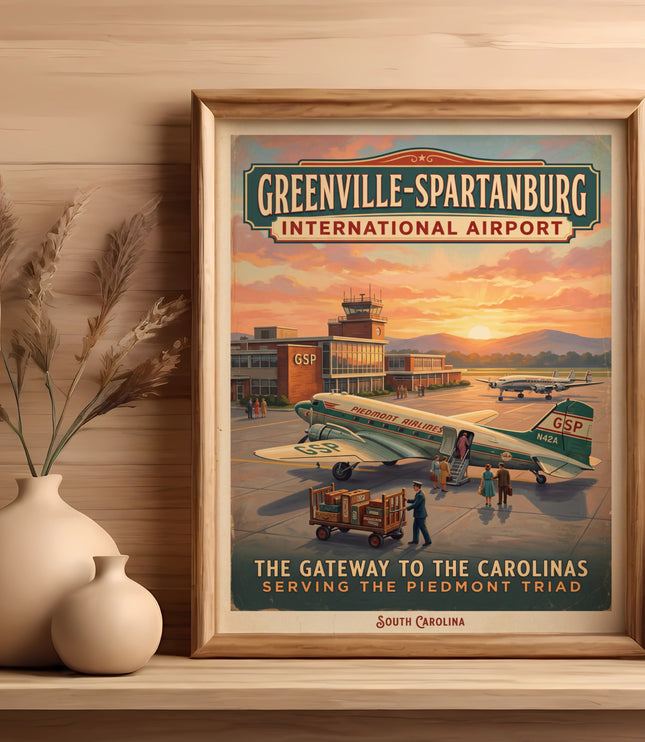 Greenville-Spartanburg International Airport retro travel poster featuring Piedmont Airlines aircraft.