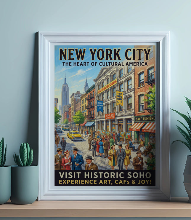 New York City poster with Empire State Building, street scene, text "Visit Historic Soho".