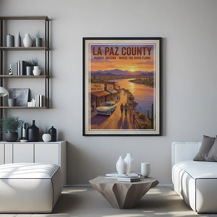 La Paz County Parker Arizona poster of a river at sunset with vintage shops and a car.