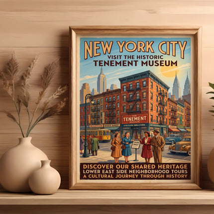 New York City Tenement Museum vintage poster with street scene and text.