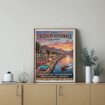 Vintage poster of Laughlin Riverwalk, Nevada, with vintage cars, palm trees, and a sunset.