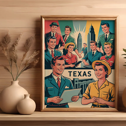Vintage poster of smiling people in retro clothing advertising Texas.