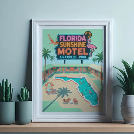 Framed retro motel sign with palm trees and people swimming.