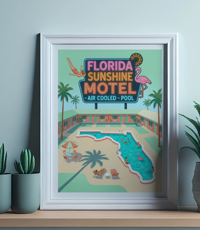 Framed retro motel sign with palm trees and people swimming.