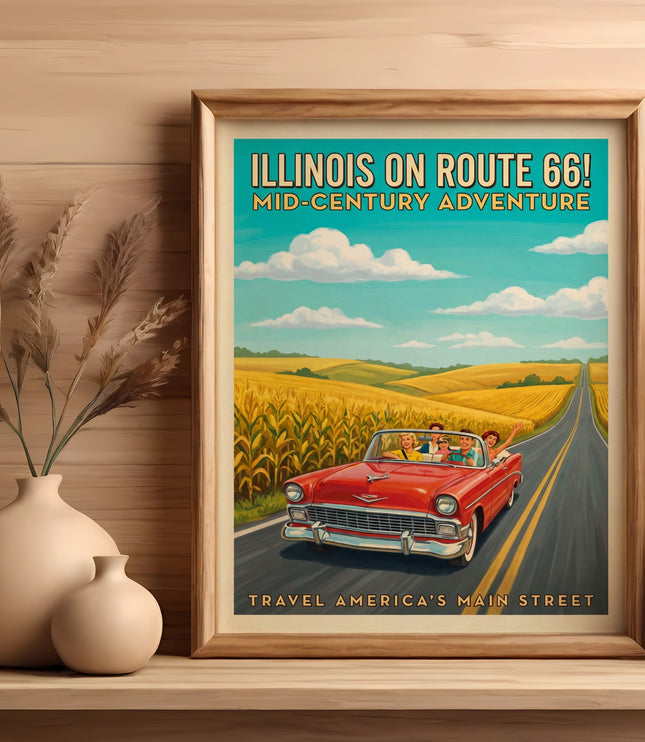 Illinois on Route 66 mid-century adventure vintage poster with red convertible.