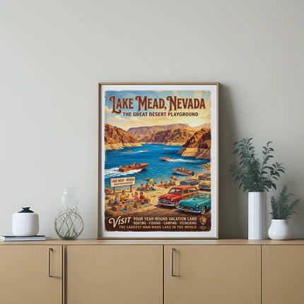 Vintage travel poster for Lake Mead, Nevada, showcasing boating and desert landscape.