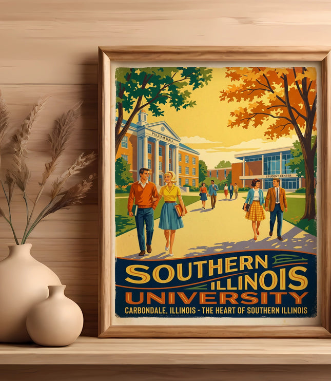 Southern Illinois University poster with campus buildings and students.