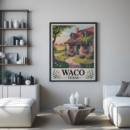 Waco Texas poster hangs above a coffee table between two white sofas.